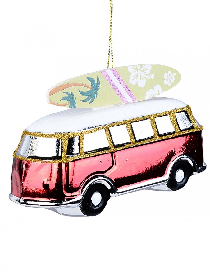 13cm Shiny Red Kombi With Rooftop Surfboard Christmas Tree Ornament