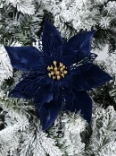 Dark Navy Blue With Gold Stamen Poinsettia Christmas Flower Pick - 22cm