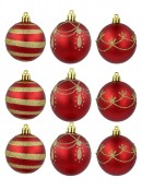 Red Christmas Baubles With Gold Stripe, Draped & Ornate Designs - 9 x 60mm
