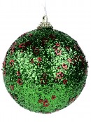 Green Glitter Coated Christmas Baubles With Red Star Decorations - 4 x 80mm