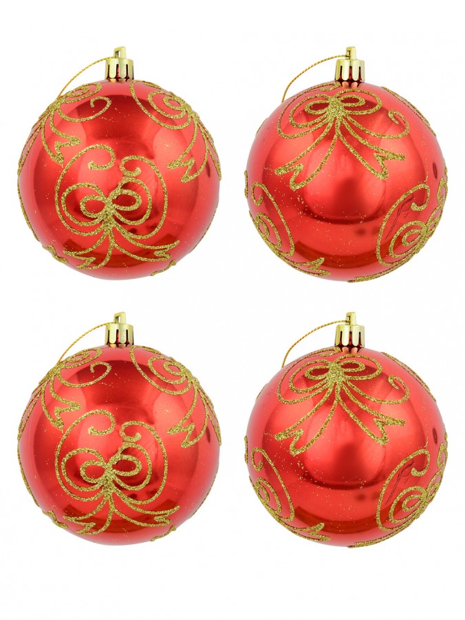 Watermelon Red Metallic Baubles With Gold Glitter Bow Designs - 4 x 80mm