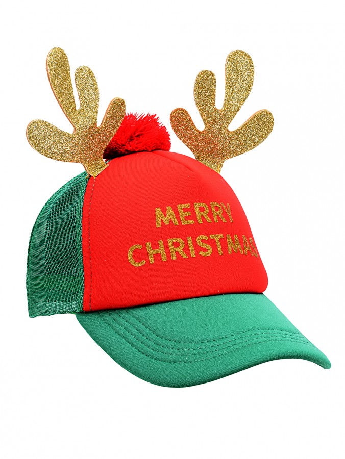 Red & Green With Gold Merry Christmas Reindeer Antler Cap