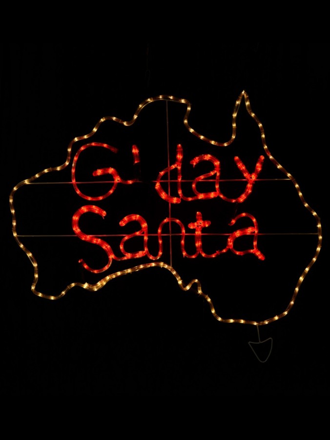 Neutral White & Red G'Day Santa Australian Map Rope Light Silhouette - 1.1m