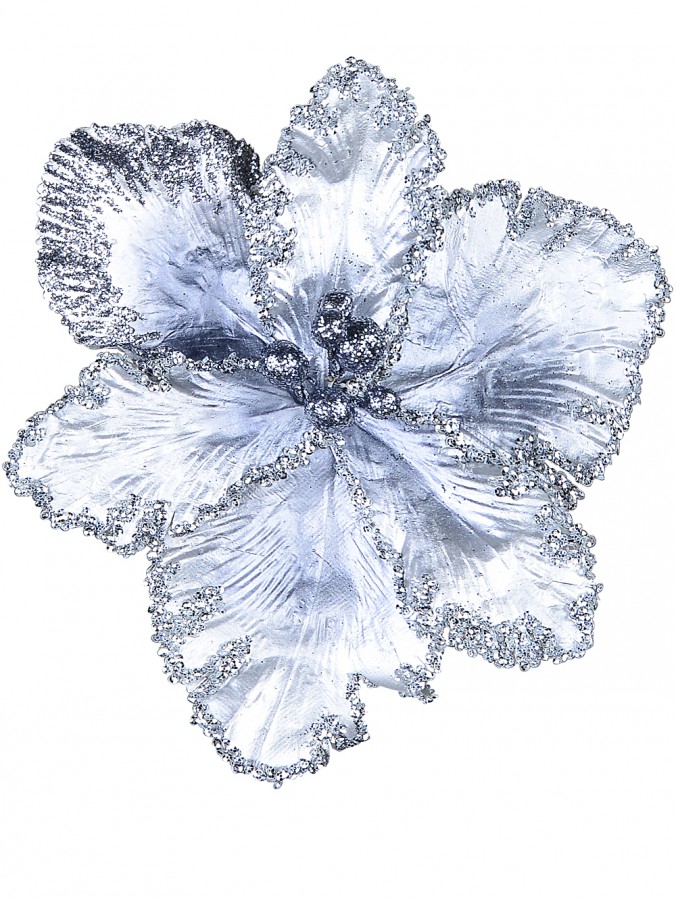 Silver With Sequins Tulip Decorative Christmas Flower Pick - 20cm