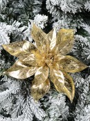 Shiny Gold Moulded PVC Poinsettia Decorative Christmas Flower Pick - 21cm