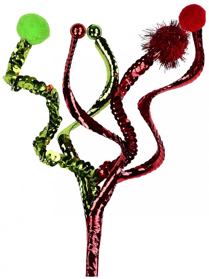 Metallic Lime & Red Sequin Whimsical Waves Christmas Spray Stem - 12cm Wide