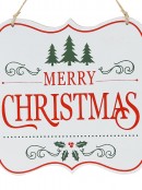 White Merry Christmas Hanging Sign Plaque With Red & Green Print - 24cm