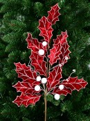 80cm Red Velvet Holly Leaf & Snow Berries Long Christmas Stem