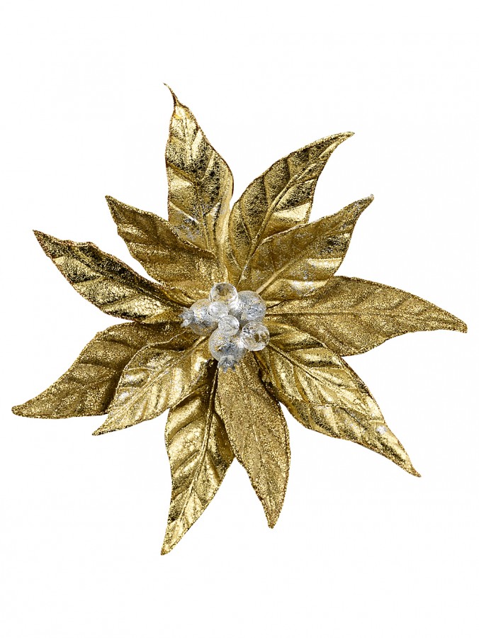 32cm Shiny Gold With Glitter & Frost Poinsettia Flower Christmas Tree Clip Pick