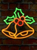 24cm Christmas Bells Holly & Berries Neon LED Light Display On Acrylic Board