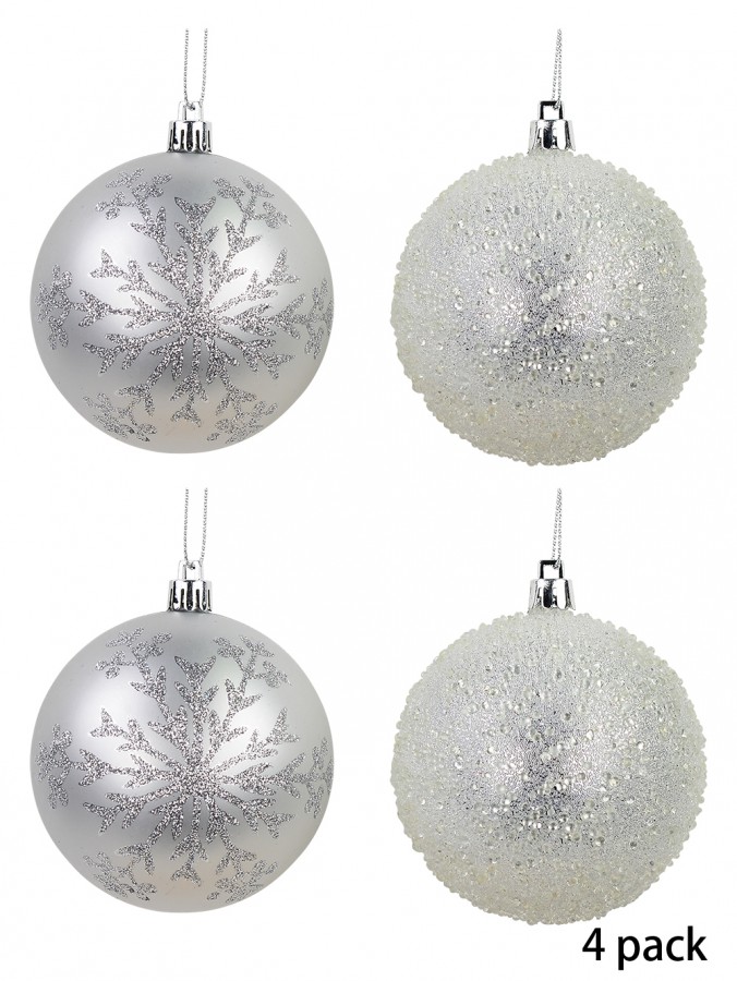 Silver Matte Baubles with Snowflake Print & Silver Bauble with Clear Encrusted Design 4 x 80mm