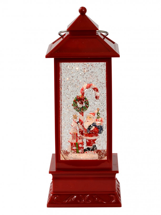 Santa & Candy Cane Christmas Farmhouse Lantern Snow Globe Ornament - 28cm