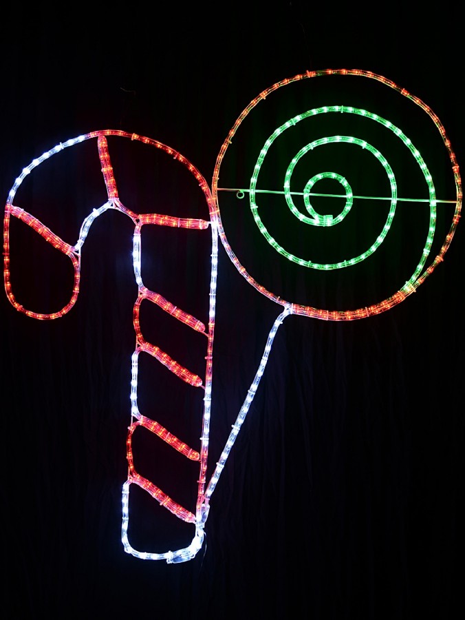 Red, Cool White & Green LED Candy Cane With Lollipop Light Display - 1m