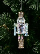 Clear Iridescent Tin Soldier Christmas Decoration With Champagne Glitter - 12cm