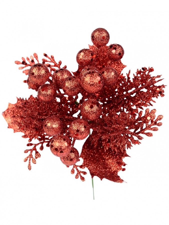 Ruby Red Glittered Decorative Berry Floral Pick With Twigs & Leaves - 20cm