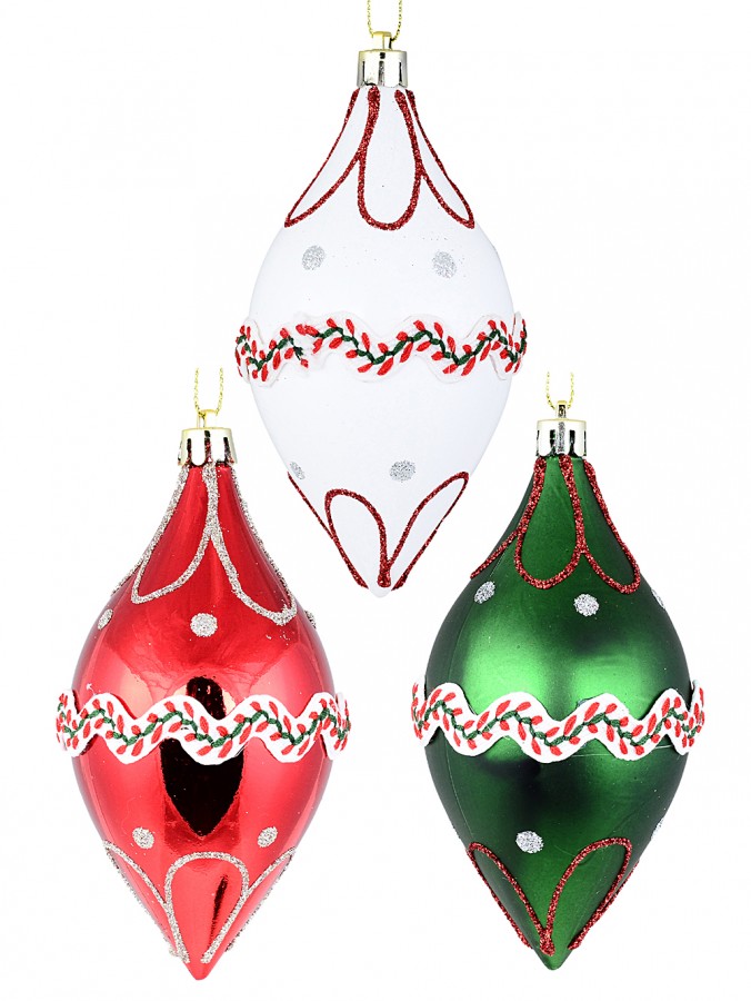 3x 13cm White, Green & Red Oval Finial Baubles With Lace & Glitter Patterns
