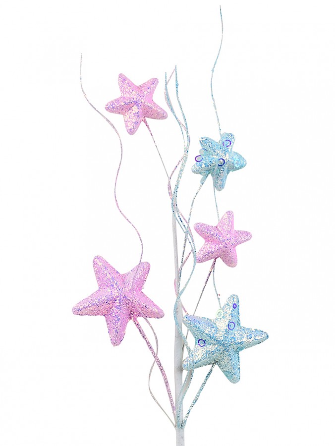 53cm Pastel Pink & Blue Christmas Stars & Curly Willow Spray Long Stem