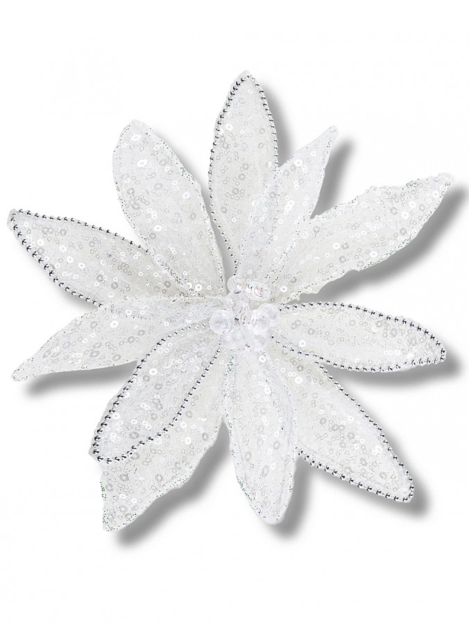 Silver Bead & Iridescent White Organza Lattice Poinsettia Clip Stem | 30cm