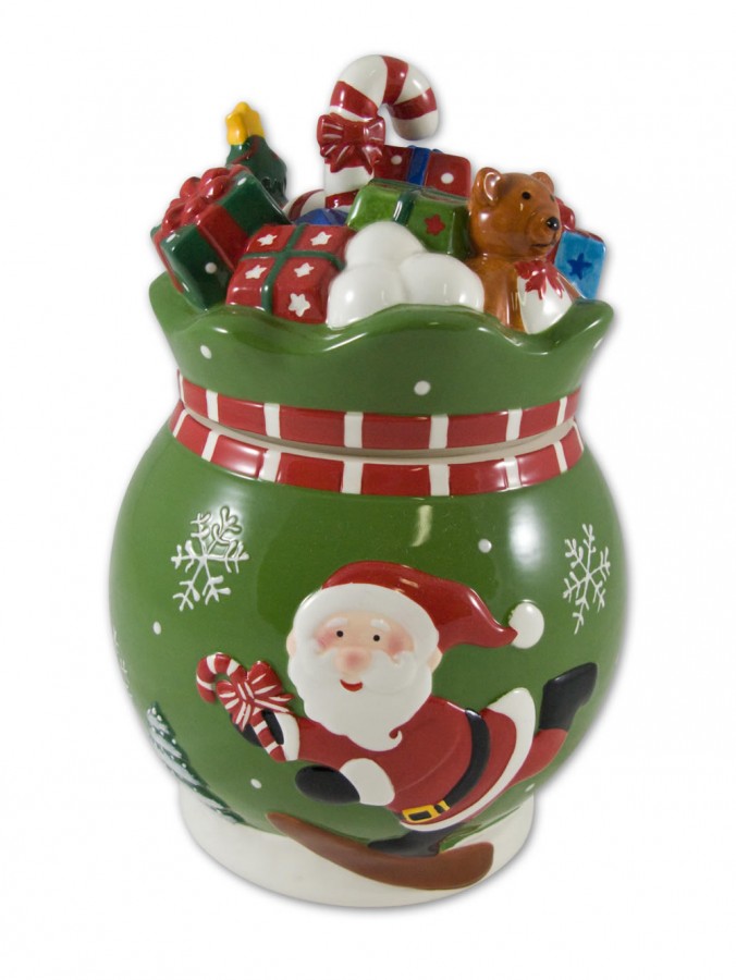 Green Ceramic Cookie Jar With Santa & Gifts - 25cm