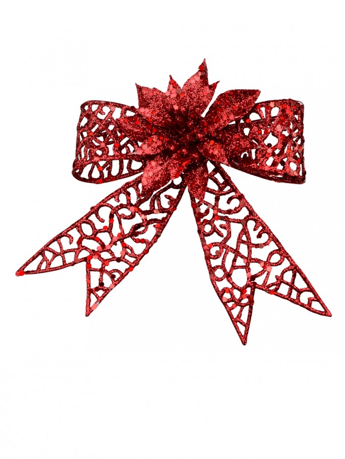 Red Mesh Look Ribbon Bow & Poinsettia Christmas Decoration - 15cm