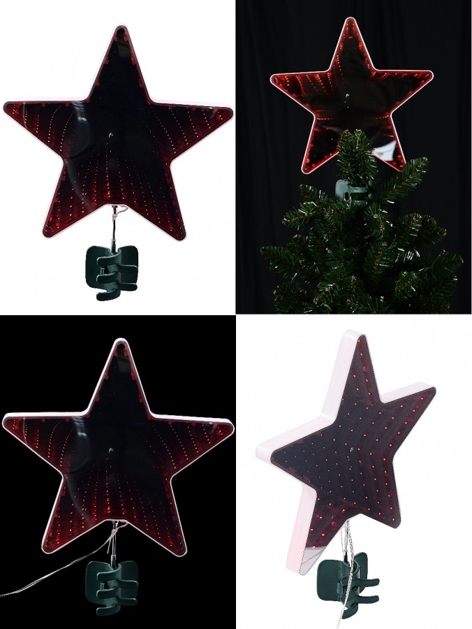 Red LED Double Sided Infinity Mirror Christmas Star Tree Top Decoration - 25cm