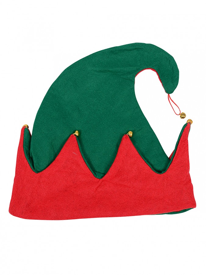 Red & Green Traditional Christmas Elf Hat With Jingle Bells - 31cm