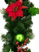 Decorated With Red Poinsettia, Mistletoe, Foliage & Baubles Pine Garland - 2.3m