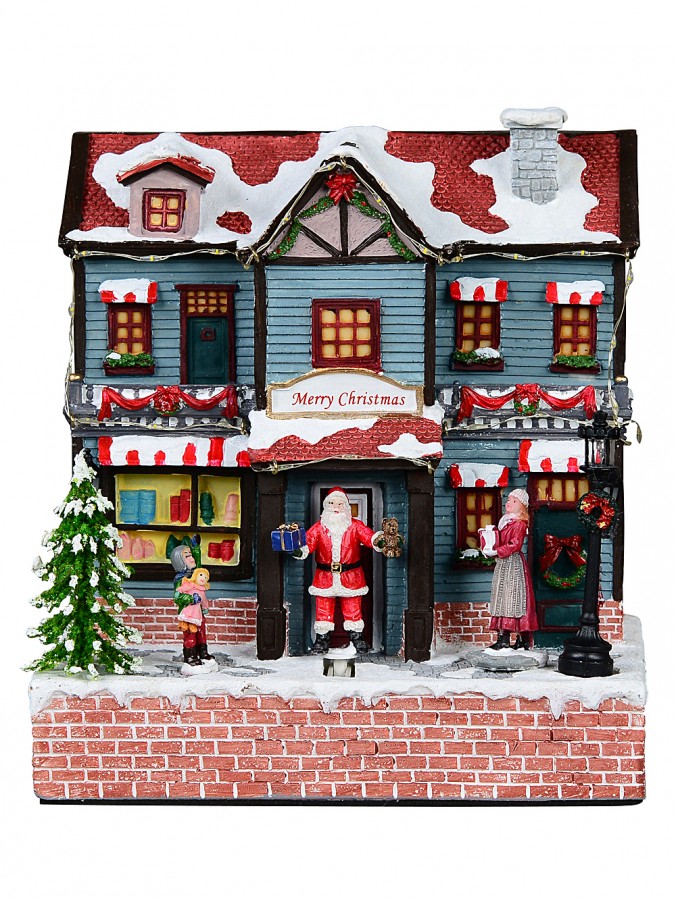 Santa Visiting Family Home With Mum & Kids Christmas Village Scene - 24cm