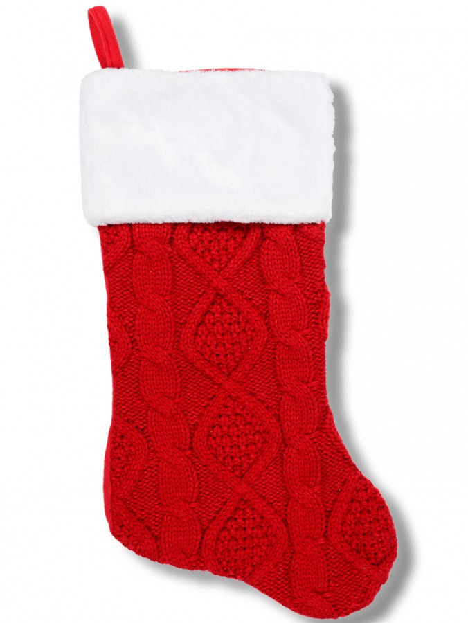 48cm Red Twisted & Trellis Cable Stitch Pattern Look Stocking With White Cuff