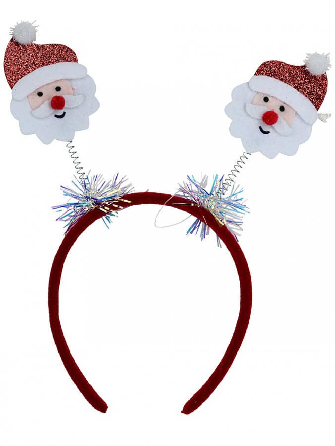 Santa & Santa On Springs Headband With Iridescent Tinsel - One Size Fits Most