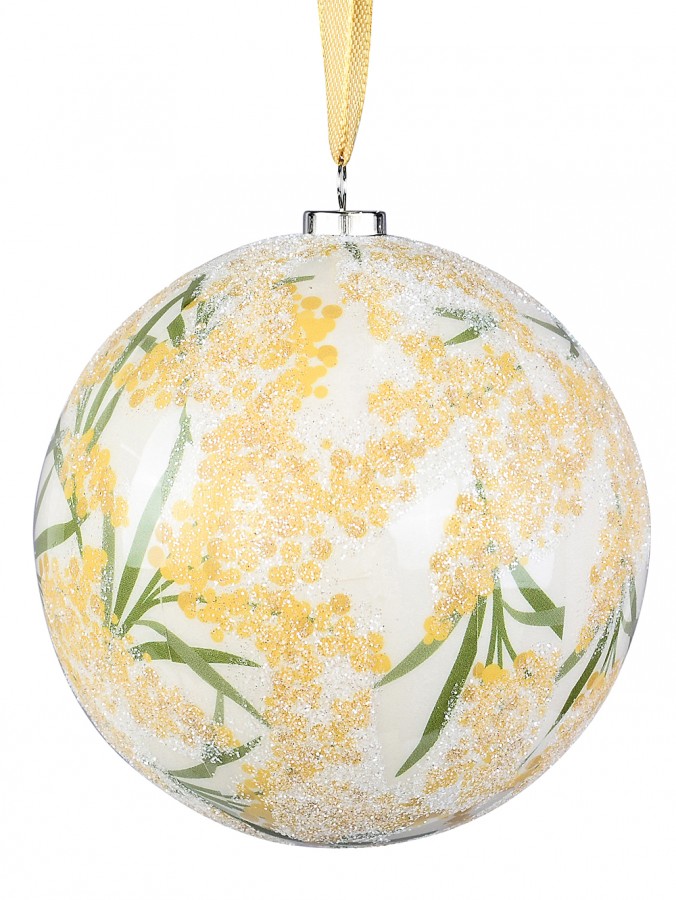 10cm Golden Wattle Flowers & Leaves Print With Silver Glitter Christmas Bauble