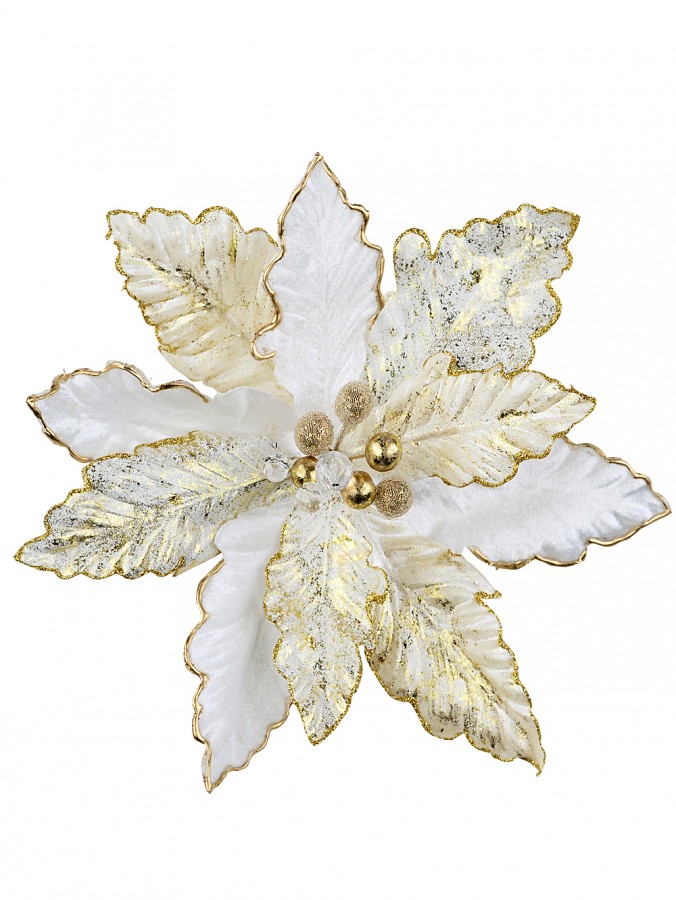 28cm White Velvet & Splatter Gold Poinsettia Flower Christmas Tree Clip Pick