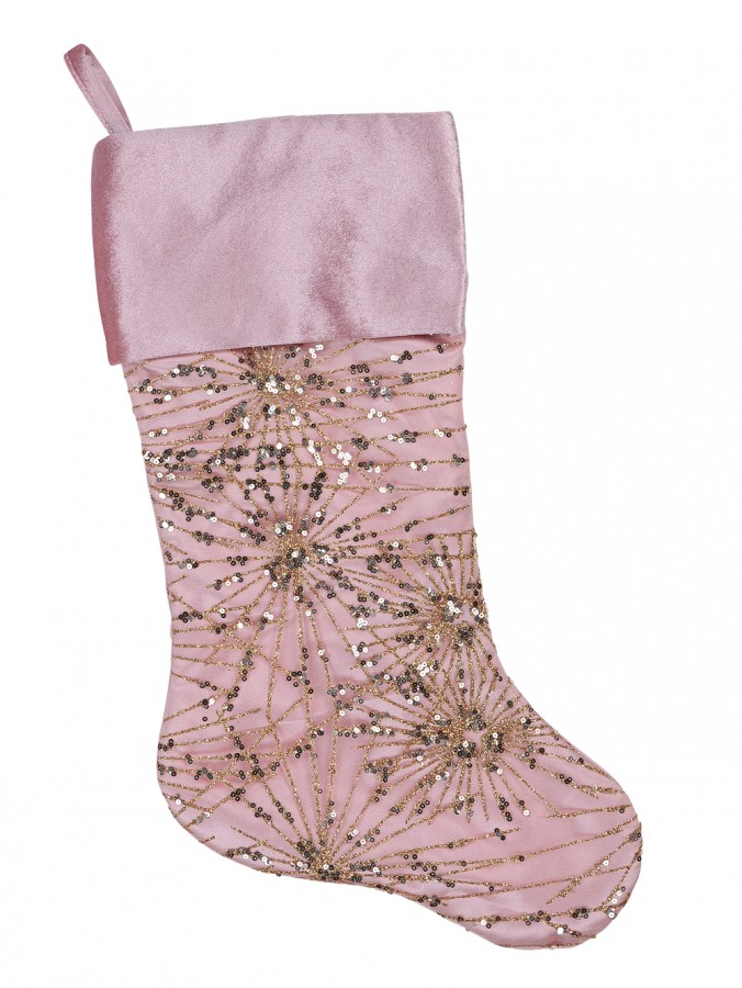 Pink Satin With Gold Sequin Starburst Pattern Christmas Stocking - 48cm