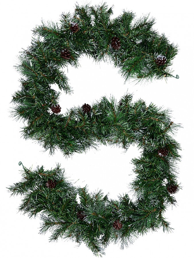 2.7m Green Pine Needle Garland With Pine Cones & 180 Silver Glitter Tips