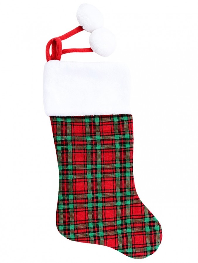 Red & Green Tartan Christmas Stocking With White Cuff & Pom Poms - 48cm