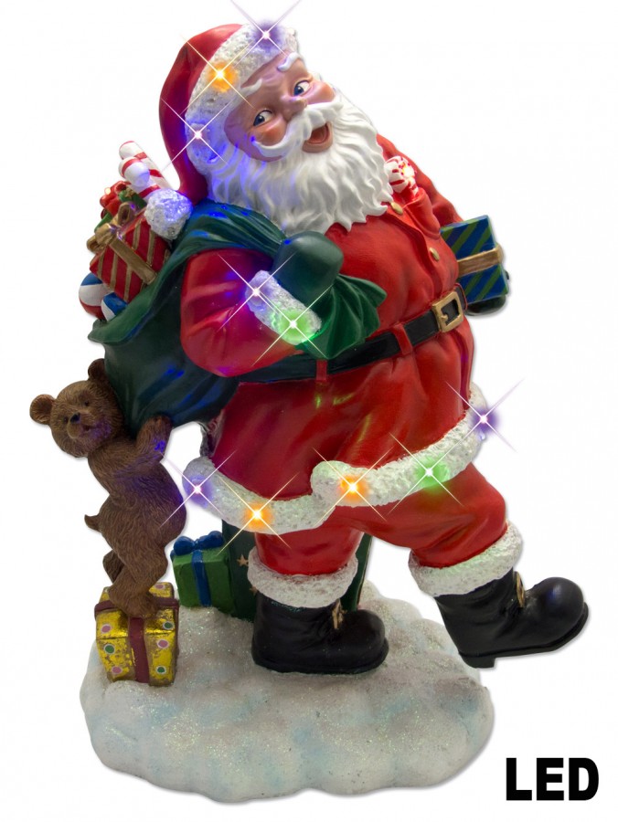 Resin Santa With Bear & Gift Bag LED Ornaments - 23cm