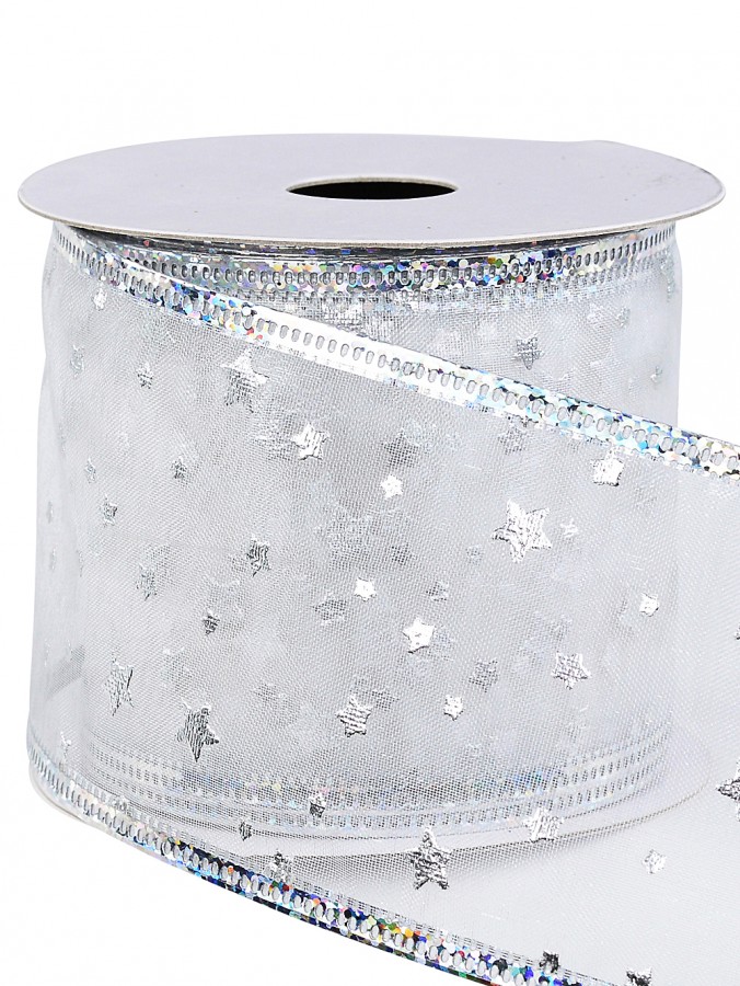 3m Shiny Silver Stars On White Sheer Wide Cut Ribbon