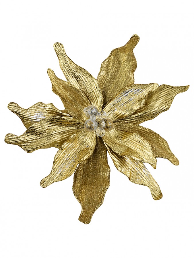 40cm Large Gold Textured & Frosted Poinsettia Flower Christmas Tree Clip Pick