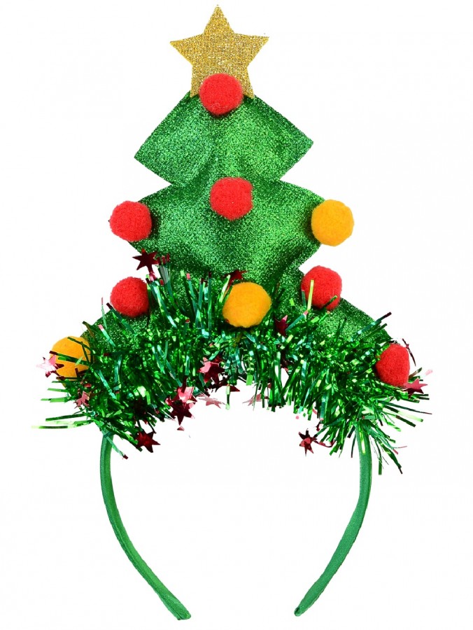 Green Christmas Tree Headband With Tinsel, Balls & Star Decorations - 17cm