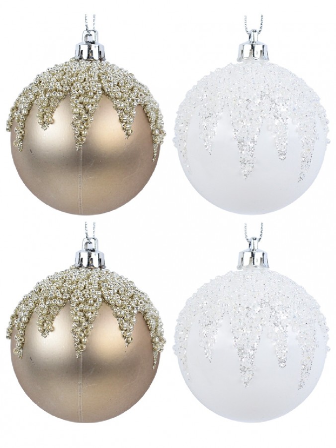 White & Champagne Christmas Baubles With Beads In Icicle Pattern - 6 x 60mm