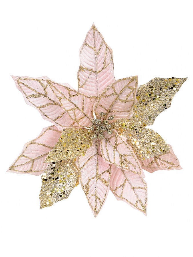 Blush Pink Poinsettia Pick With Gold Glitter Detail & Clip - 25cm