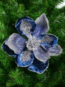 Dark Blue & Silver Magnolia Decorative Christmas Flower Clip Pick - 22cm Wide