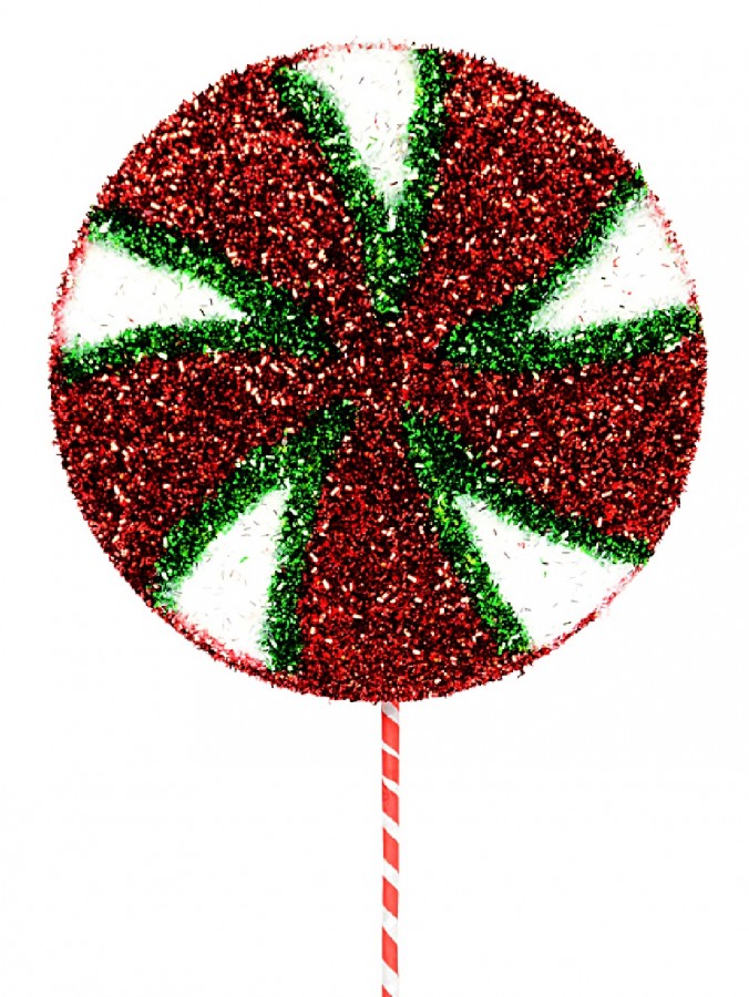 Red, White & Green Peppermint Spiral Tinsel Lollipop Long Stem - 27cm Wide