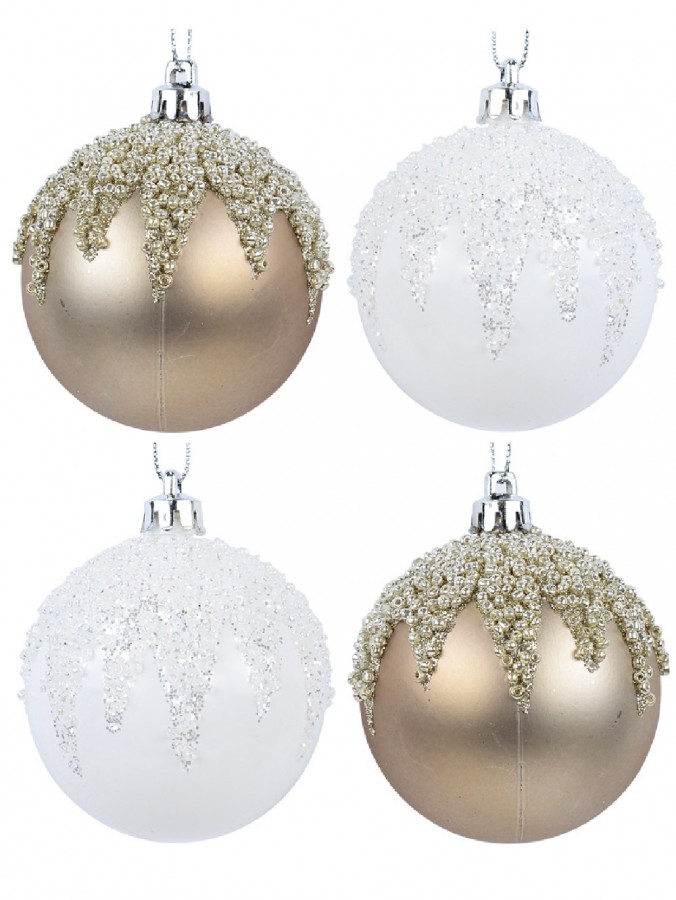 White & Champagne Christmas Baubles With Beads In Icicle Pattern - 6 x 60mm