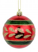 Metallic Red Baubles With Gold Glitter Pattern & Green Stripes - 4 x 80mm