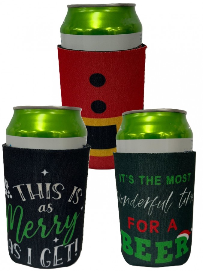 Assorted 10cm Santa Suit Or Christmas Text Themed Stubby & Can Holders
