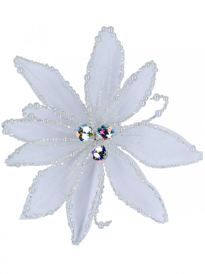 White Organza Decorated Poinsettia Christmas Flower Clip Pick - 24cm Wide