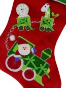 Red Velvet With Green Santa Train & Toys Applique Christmas Stocking - 42cm