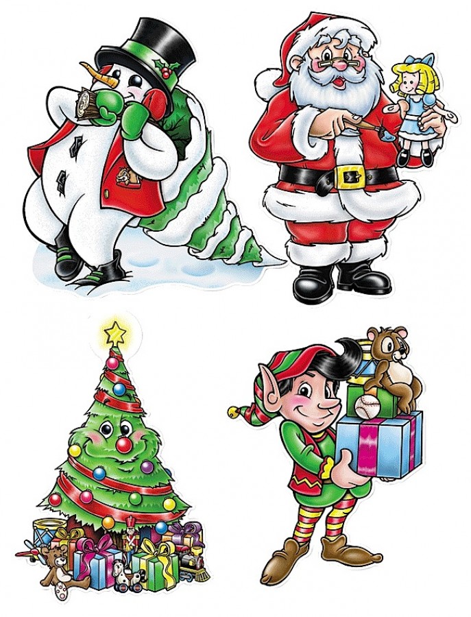 Snowman Santa Elf & Christmas Tree Cardboard Cut-outs- 4 pack