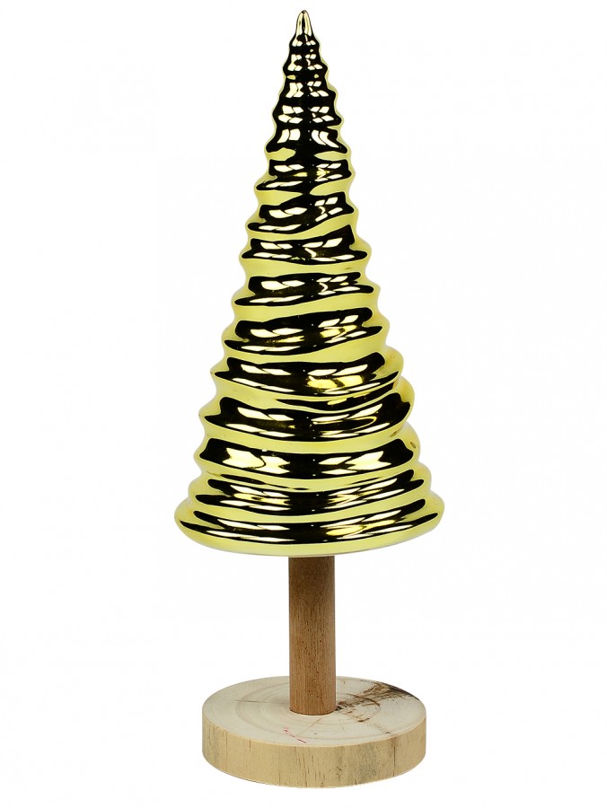 Gold Textured Ceramic Christmas Tree With Wooden Base Ornament - 33cm